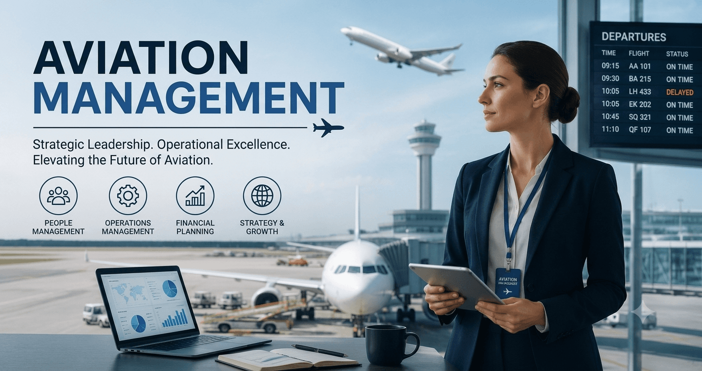Aircraft at an international airport representing the five core pillars of aviation management.