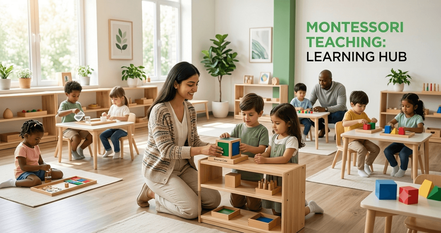 Montessori teacher guiding young children through interactive learning activities in a classroom.
